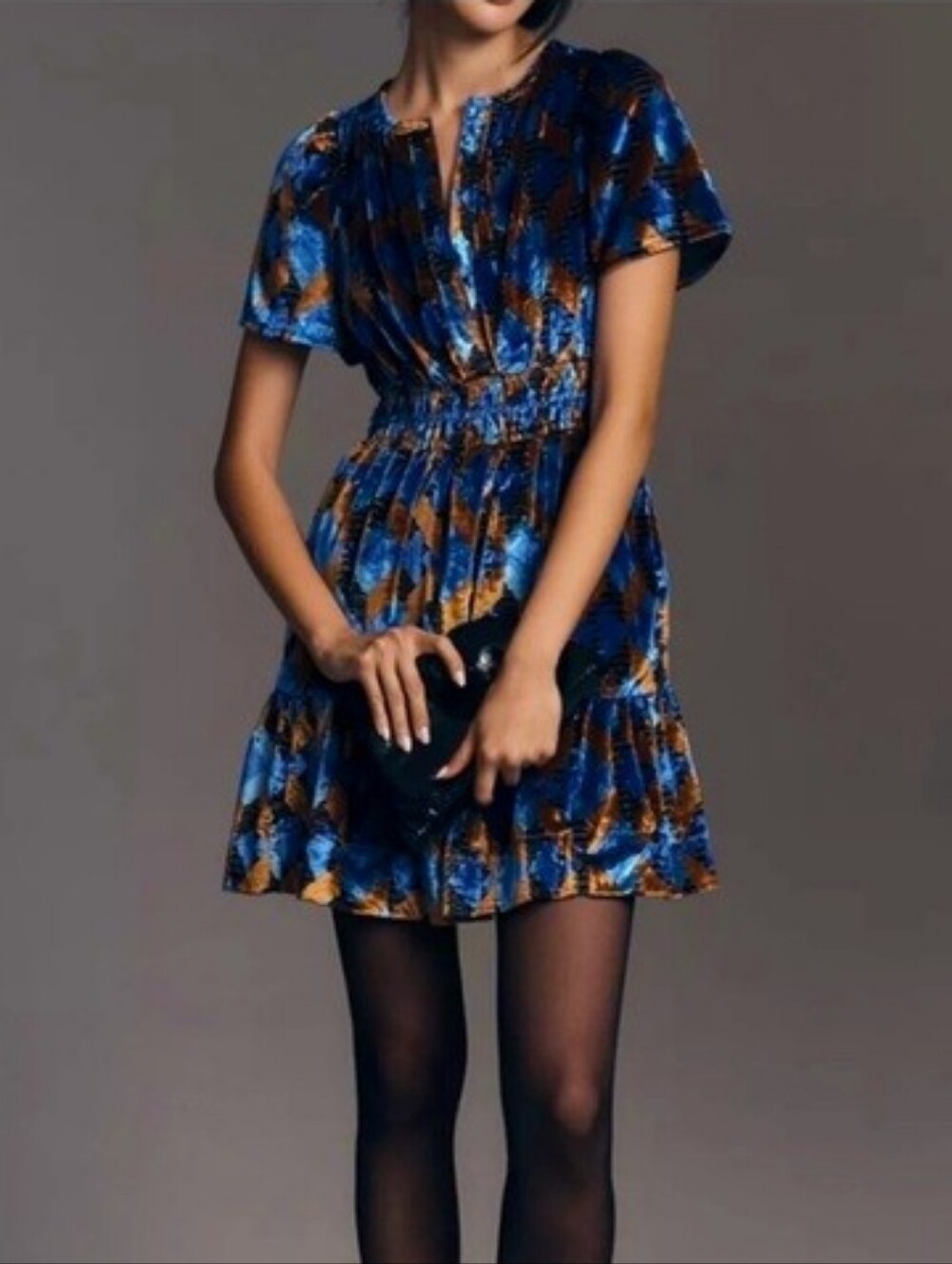 NWT ANTHROPOLOGIE The Somerset Mini Dress Velvet Edition Blue Geometric Sz SP